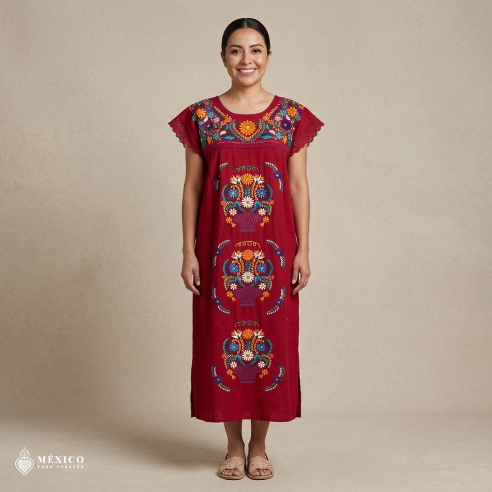 Mexican Embroidered Manta Maxi Dress – Handmade Cotton Floral Artisan Gown (M)